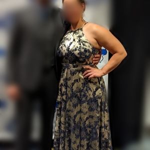Betsy & Adam Metallic Floral Gold Navy Halter Gown Dress Size 14